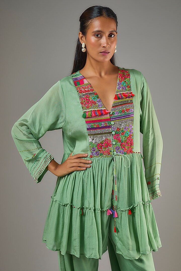 Green Crepe Chiffon Dhoti Set by Half Full Curve at Pernia's Pop Up Shop