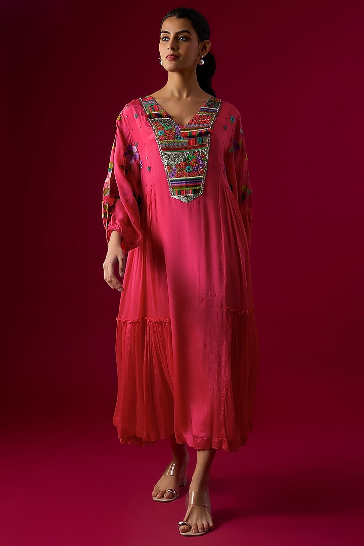 Pink Crepe Chiffon Embroidered Paneled Cocktail Dress by Half Full Curve at Pernia's Pop Up Shop