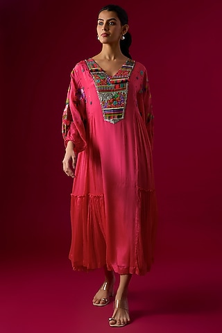 Pink Crepe Chiffon Embroidered Paneled Dress by Half Full Curve
