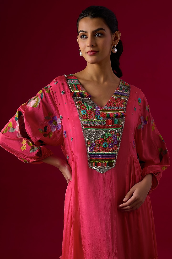 Pink Crepe Chiffon Embroidered Paneled Cocktail Dress by Half Full Curve at Pernia's Pop Up Shop