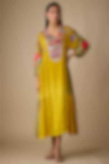 Yellow Crepe Chiffon Floral Embroidered Midi Cocktail Dress by Half Full Curve at Pernia's Pop Up Shop