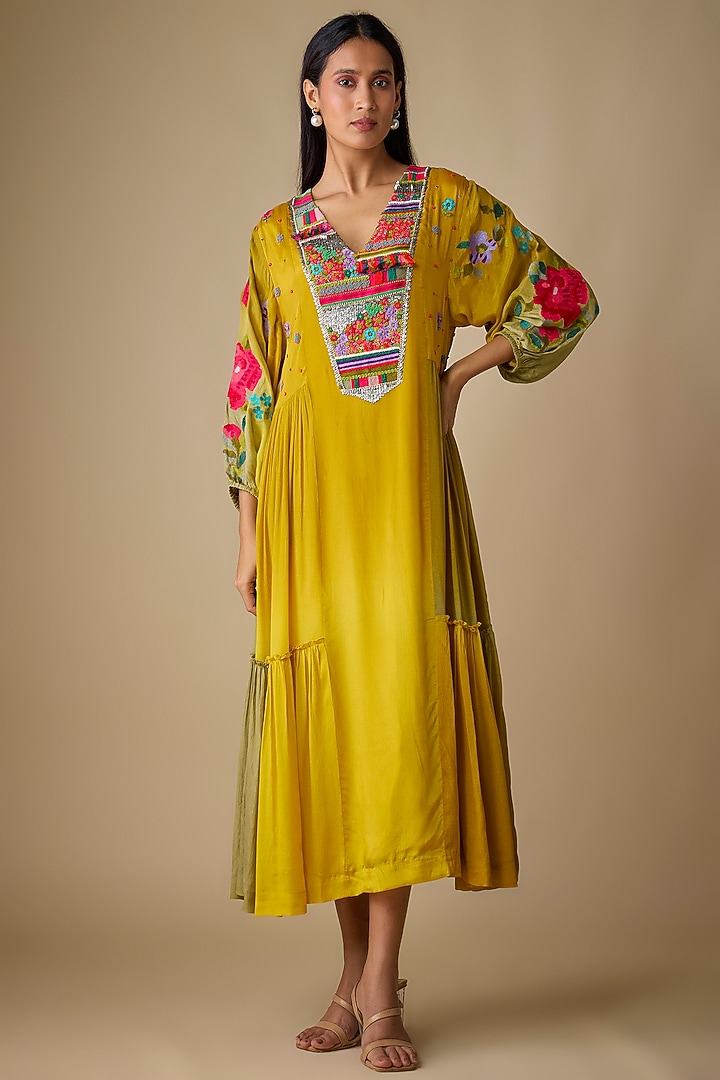 Yellow Crepe Chiffon Floral Embroidered Midi Cocktail Dress by Half Full Curve at Pernia's Pop Up Shop