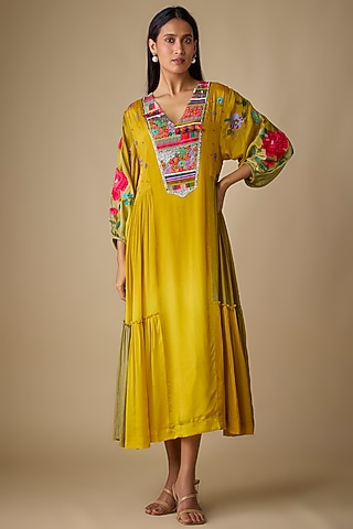 Yellow Crepe Chiffon Floral Embroidered Midi Dress by Half Full Curve