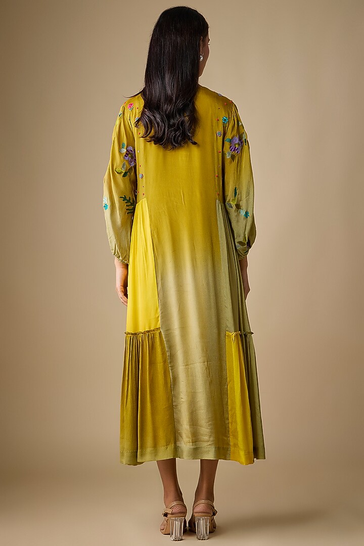 Yellow Crepe Chiffon Floral Embroidered Midi Cocktail Dress by Half Full Curve at Pernia's Pop Up Shop
