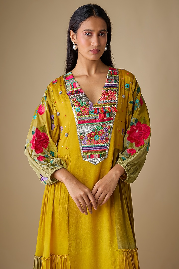 Yellow Crepe Chiffon Floral Embroidered Midi Cocktail Dress by Half Full Curve at Pernia's Pop Up Shop