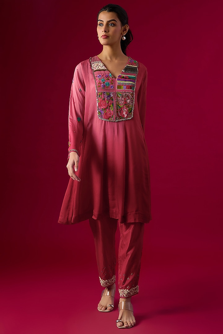 Red Crepe Chiffon Embroidered Kurta Set by Half Full Curve at Pernia's Pop Up Shop