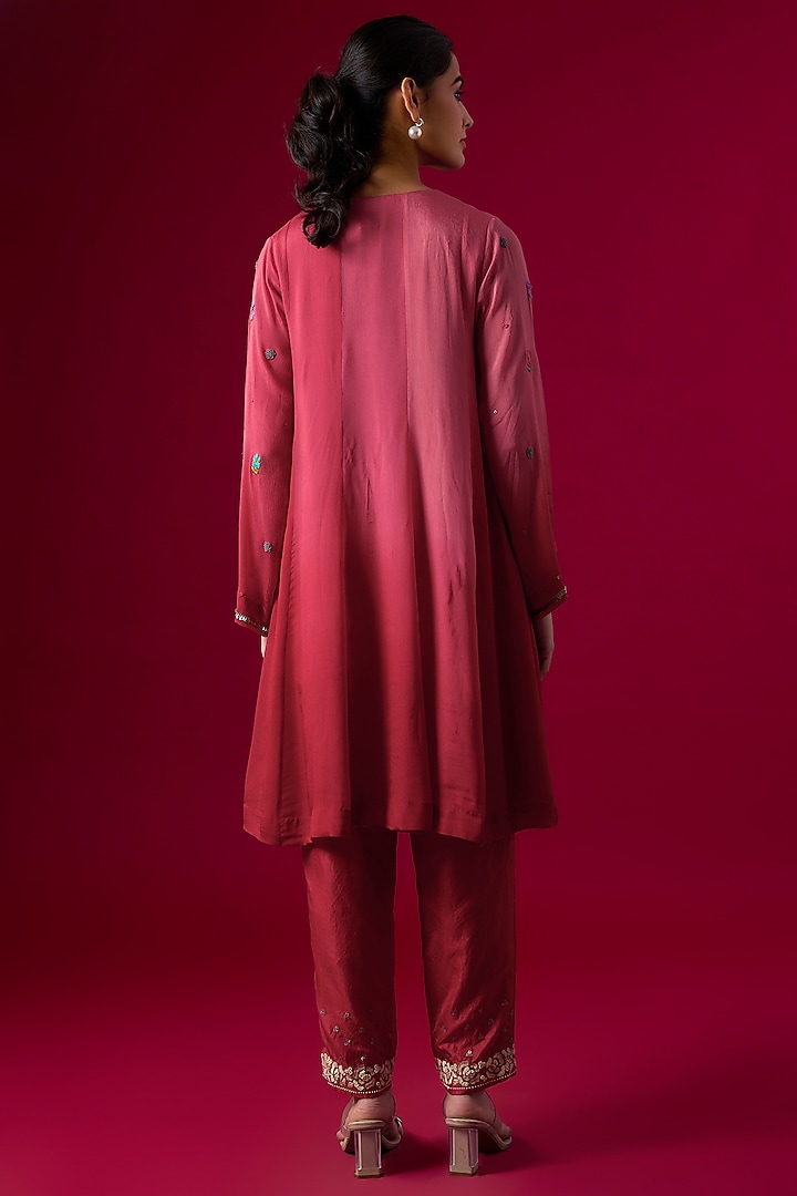 Red Crepe Chiffon Embroidered Kurta Set by Half Full Curve at Pernia's Pop Up Shop
