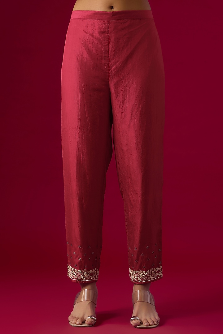 Red Crepe Chiffon Embroidered Kurta Set by Half Full Curve at Pernia's Pop Up Shop