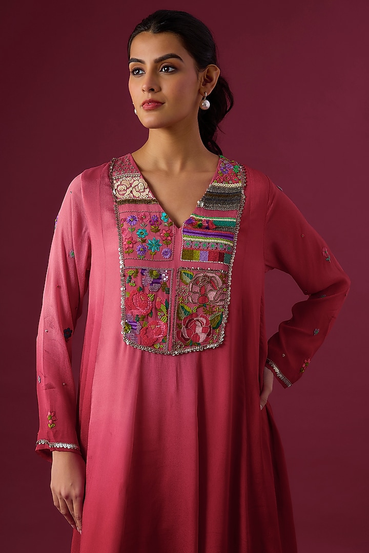 Red Crepe Chiffon Embroidered Kurta Set by Half Full Curve at Pernia's Pop Up Shop