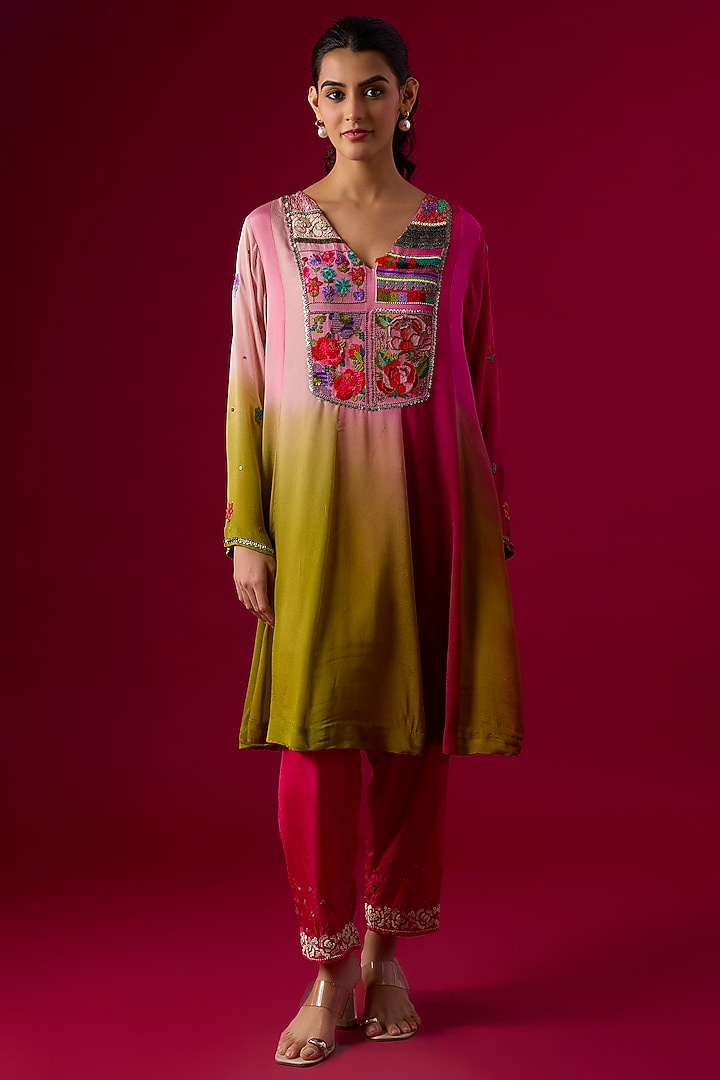 Multi-Colored Crepe Chiffon Embroidered Kurta Set by Half Full Curve at Pernia's Pop Up Shop