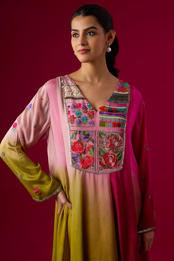 Multi-Colored Crepe Chiffon Embroidered Kurta Set by Half Full Curve at Pernia's Pop Up Shop