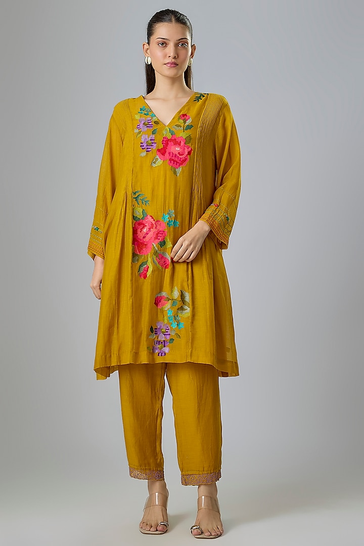 Yellow Fine Chanderi Embroidered Kurta Set by Half Full Curve at Pernia's Pop Up Shop