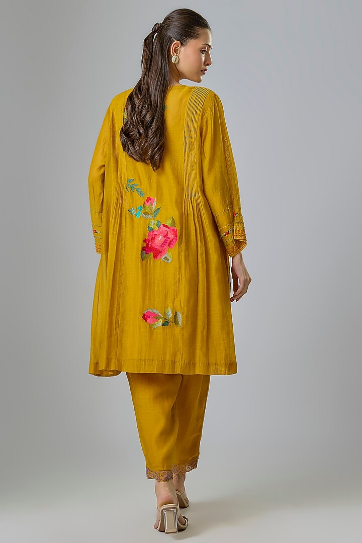Yellow Fine Chanderi Embroidered Kurta Set by Half Full Curve at Pernia's Pop Up Shop