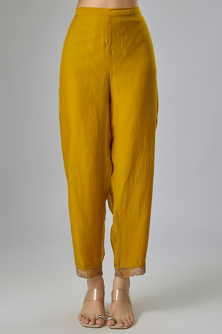 Yellow Fine Chanderi Embroidered Kurta Set by Half Full Curve at Pernia's Pop Up Shop
