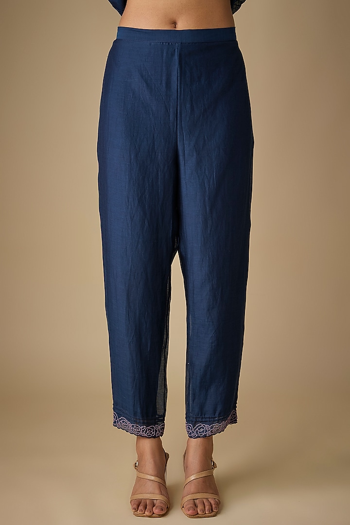 Blue Fine Chanderi Floral Embroidered V-Neck Kurta Set by Half Full Curve at Pernia's Pop Up Shop