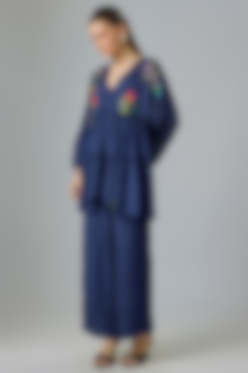 Blue Crepe Chiffon Embroidered Co-Ord Set by Half Full Curve at Pernia's Pop Up Shop
