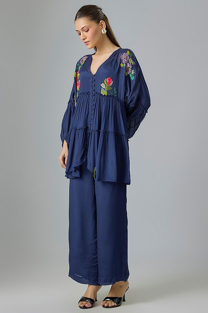 Blue Crepe Chiffon Embroidered Co-Ord Set by Half Full Curve at Pernia's Pop Up Shop