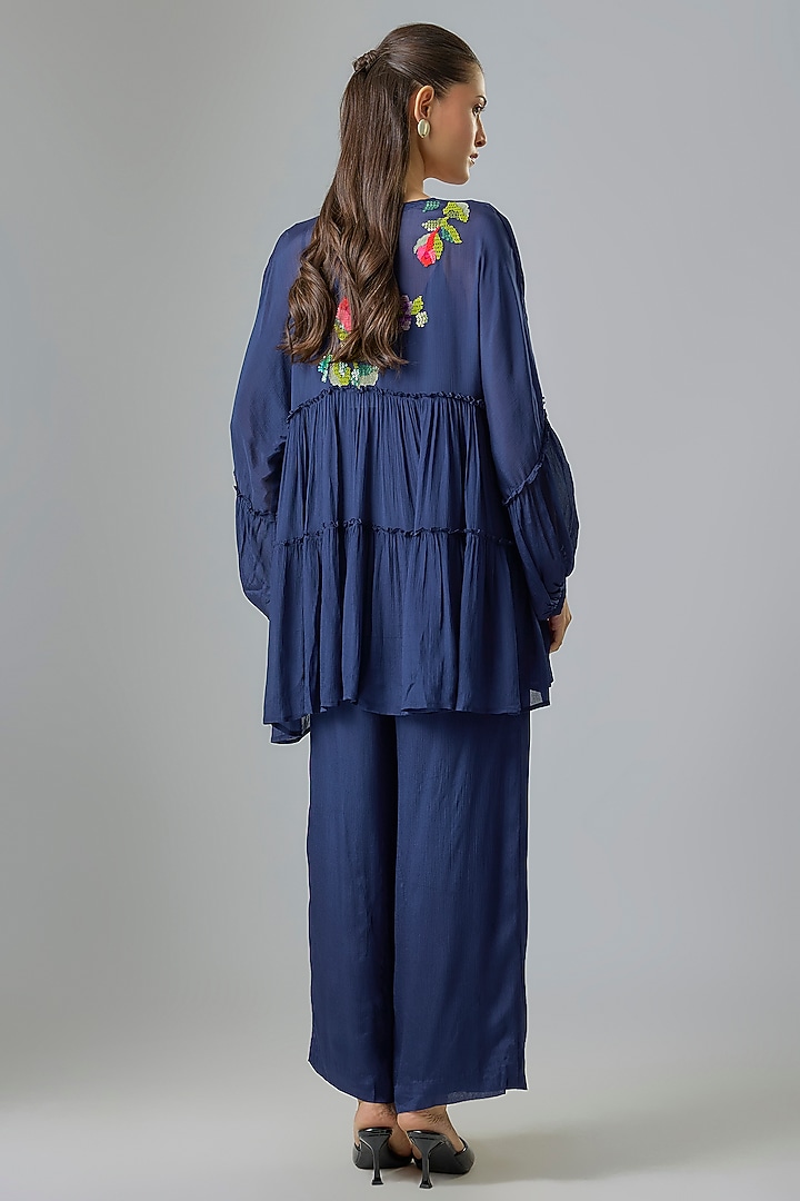Blue Crepe Chiffon Embroidered Co-Ord Set by Half Full Curve at Pernia's Pop Up Shop
