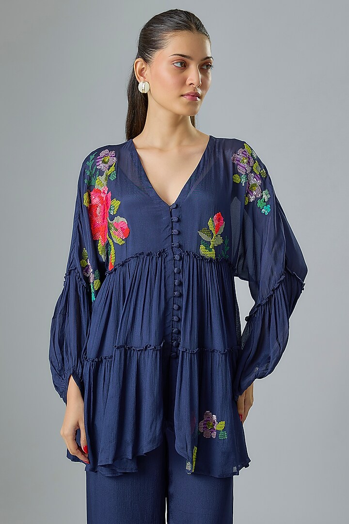 Blue Crepe Chiffon Embroidered Co-Ord Set by Half Full Curve at Pernia's Pop Up Shop