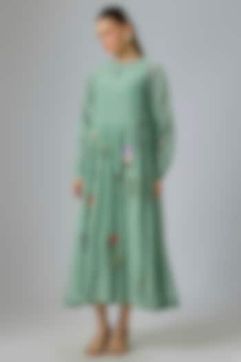Blue Fine Chanderi Embroidered Vacation Dress by Half Full Curve at Pernia's Pop Up Shop