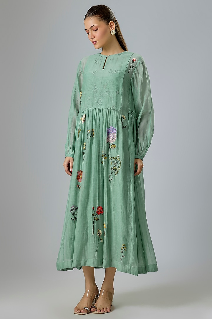 Blue Fine Chanderi Embroidered Vacation Dress by Half Full Curve at Pernia's Pop Up Shop