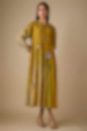 Yellow Fine Chanderi Embroidered Vacation Dress by Half Full Curve at Pernia's Pop Up Shop