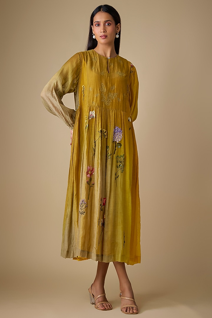Yellow Fine Chanderi Embroidered Vacation Dress by Half Full Curve at Pernia's Pop Up Shop