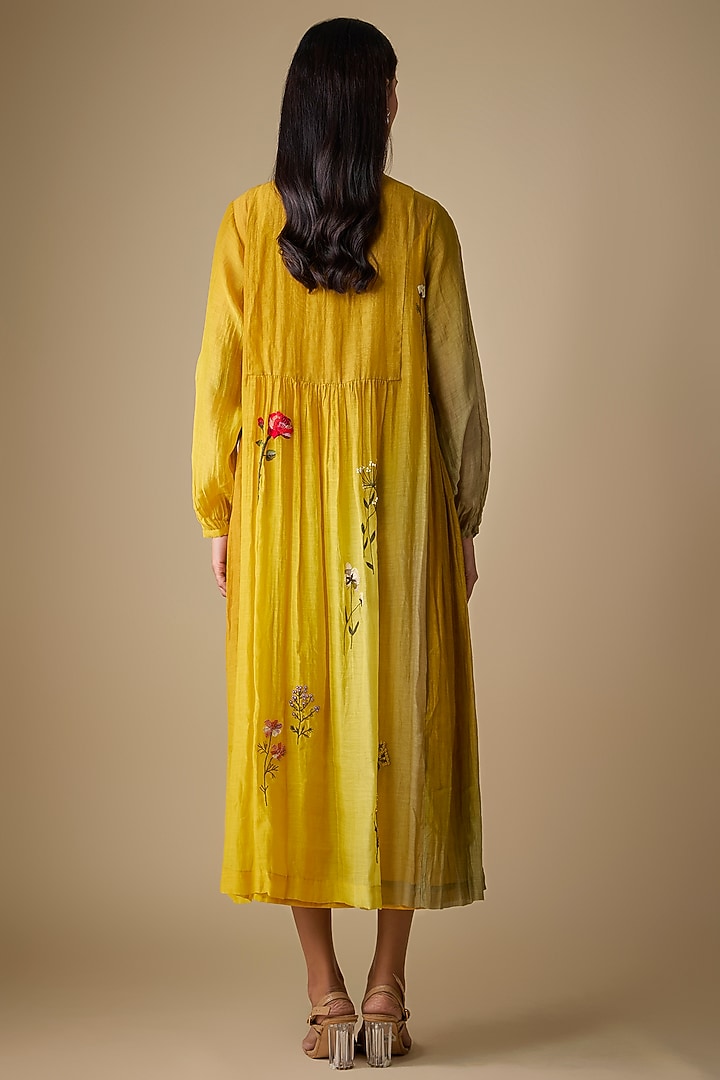 Yellow Fine Chanderi Embroidered Vacation Dress by Half Full Curve at Pernia's Pop Up Shop