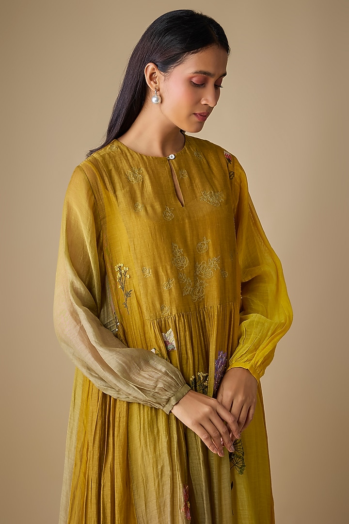 Yellow Fine Chanderi Embroidered Vacation Dress by Half Full Curve at Pernia's Pop Up Shop