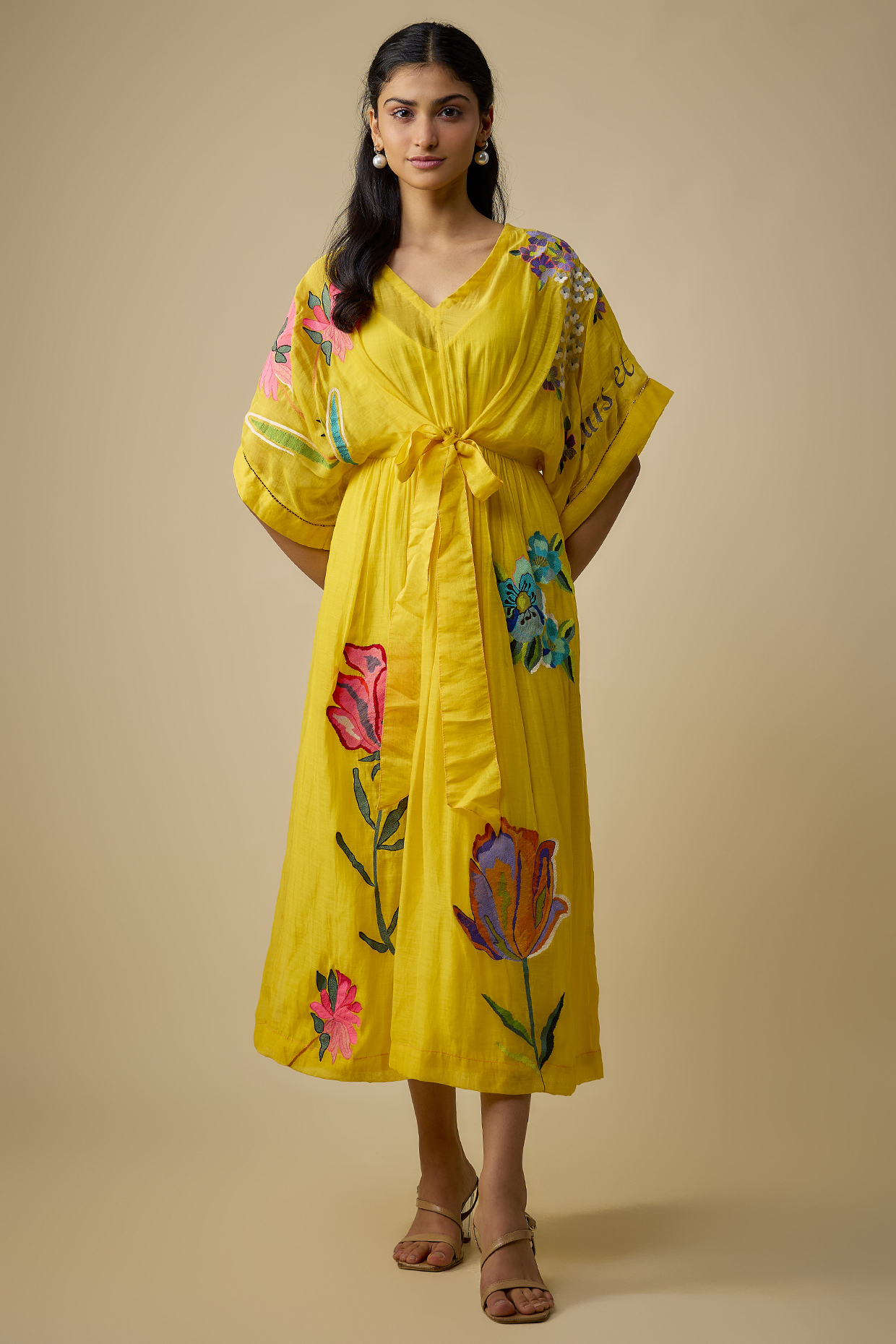 Yellow Fine Chanderi Embroidered Midi Vacation Dress With Inner by Half Full Curve at Pernia's Pop Up Shop