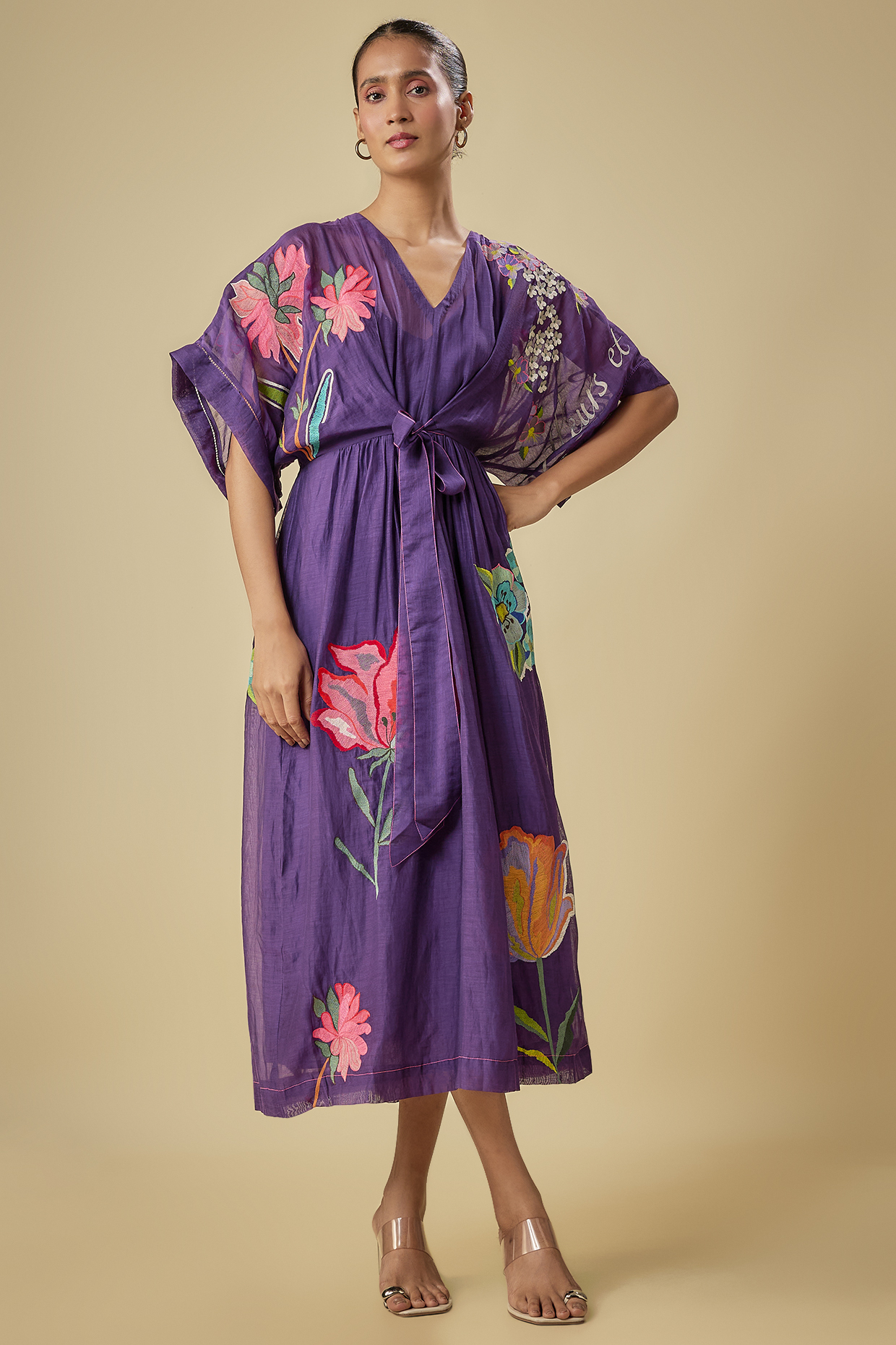 Purple Fine Chanderi Hand & Machine Embroidered Midi Vacation Dress by Half Full Curve at Pernia's Pop Up Shop
