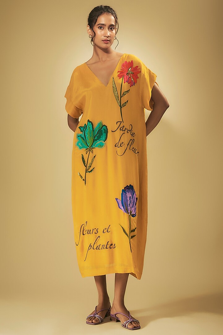 Yellow Crepe Chiffon Hand Embroidered Midi Vacation Dress by Half Full Curve at Pernia's Pop Up Shop