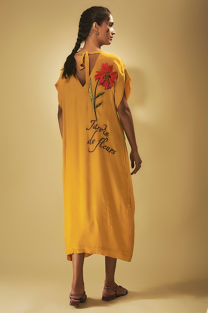 Yellow Crepe Chiffon Hand Embroidered Midi Vacation Dress by Half Full Curve at Pernia's Pop Up Shop