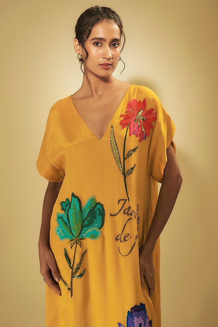 Yellow Crepe Chiffon Hand Embroidered Midi Vacation Dress by Half Full Curve at Pernia's Pop Up Shop