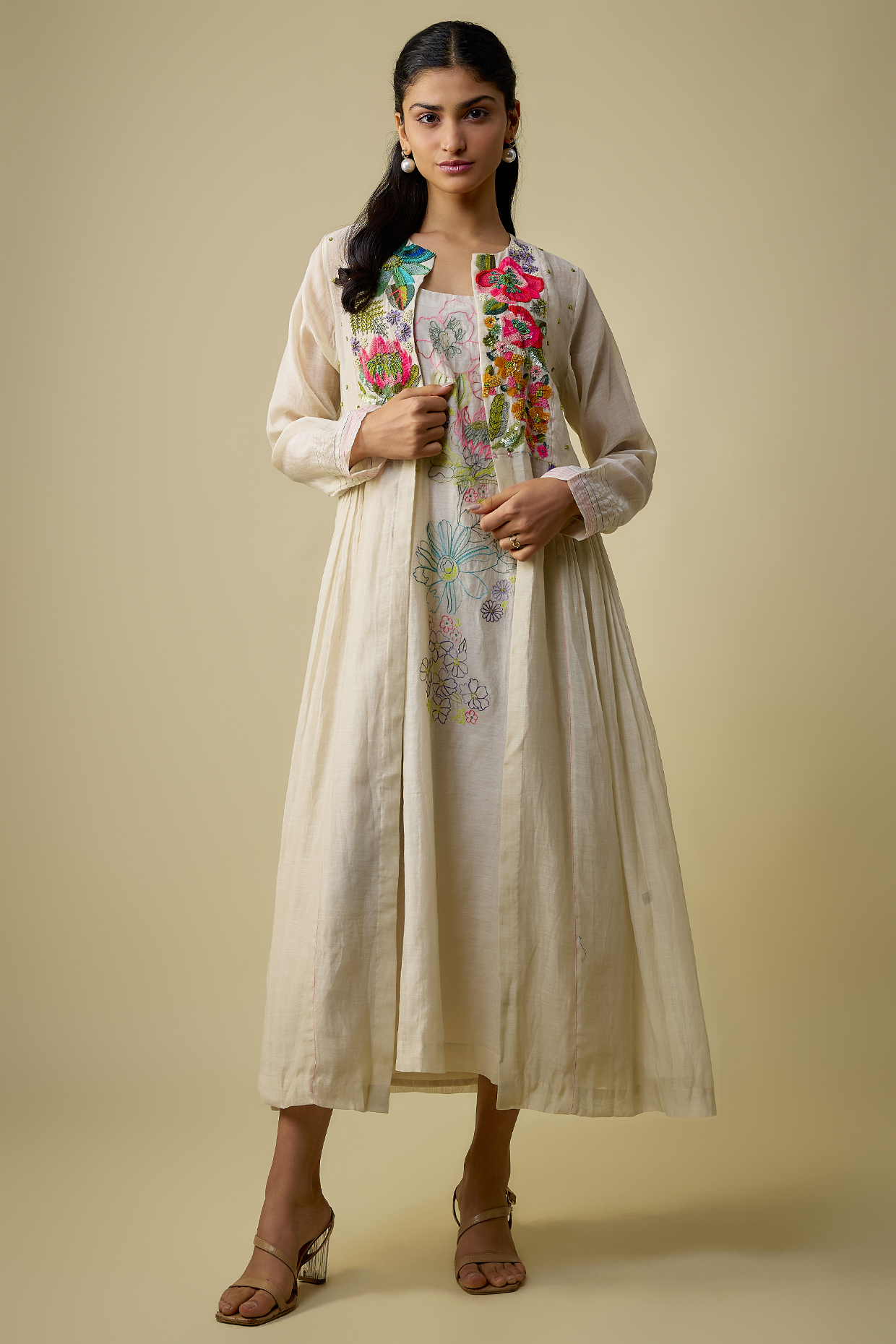 Ivory Fine Chanderi Floral Embroidered Jacket With Inner by Half Full Curve at Pernia's Pop Up Shop