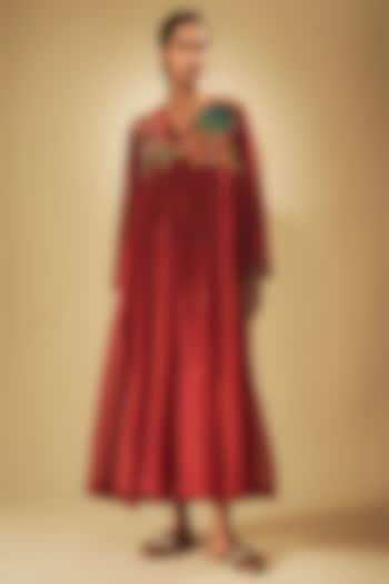 Red Fine Chanderi Hand Embroidered Vacation Dress by Half Full Curve at Pernia's Pop Up Shop