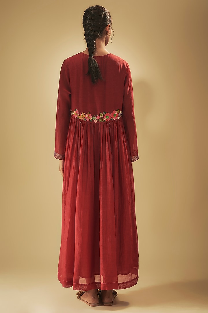 Red Fine Chanderi Hand Embroidered Vacation Dress by Half Full Curve at Pernia's Pop Up Shop