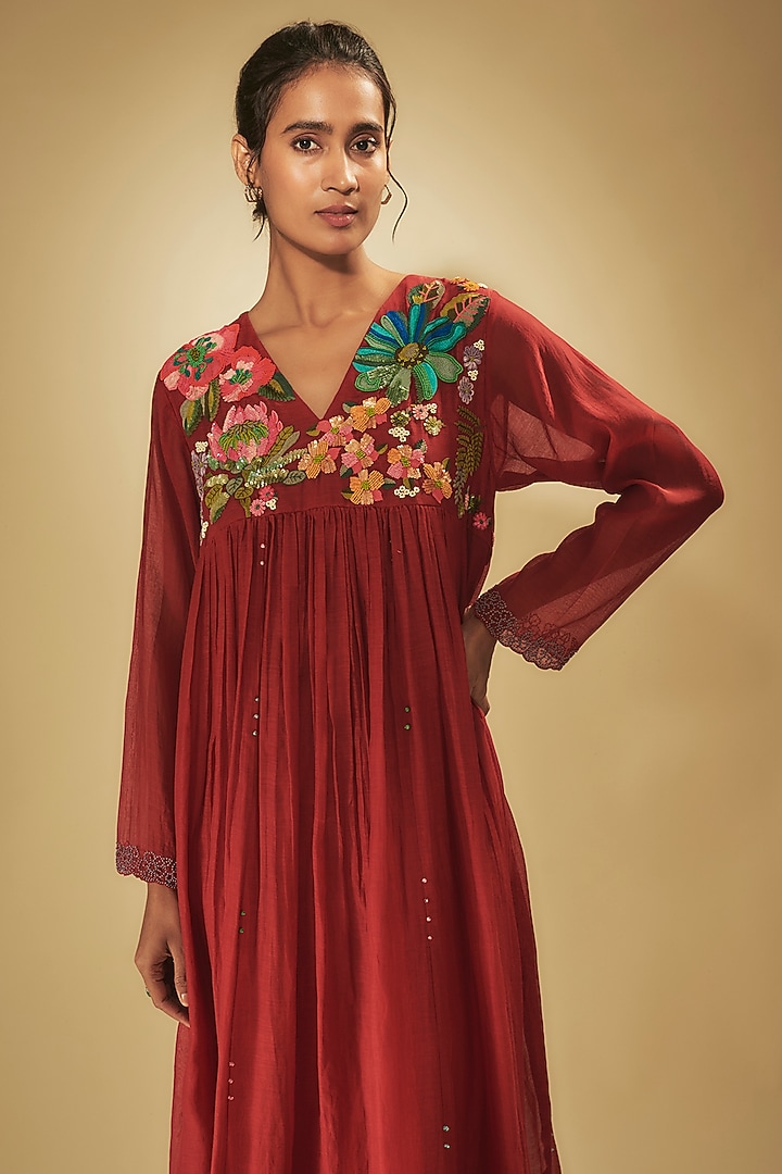 Red Fine Chanderi Hand Embroidered Vacation Dress by Half Full Curve at Pernia's Pop Up Shop