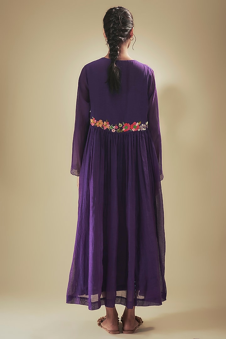 Purple Fine Chanderi Hand Embroidered Vacation Dress by Half Full Curve at Pernia's Pop Up Shop