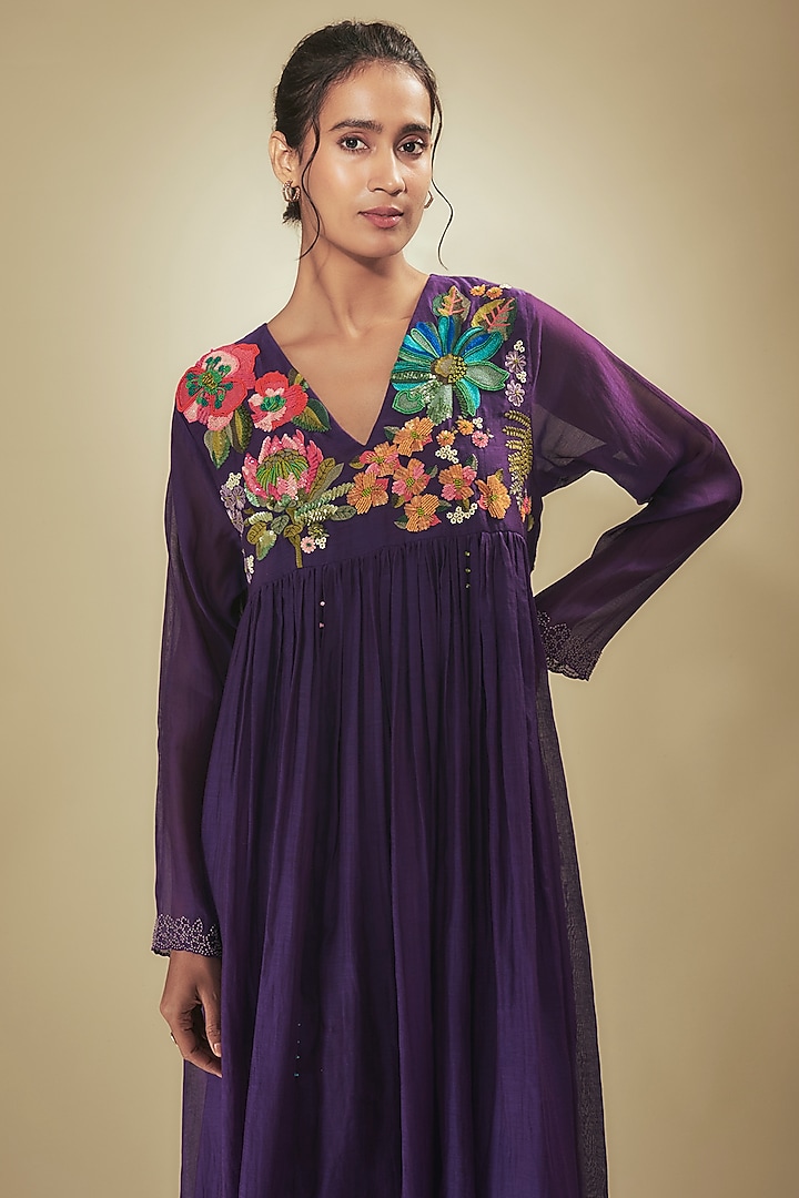 Purple Fine Chanderi Hand Embroidered Vacation Dress by Half Full Curve at Pernia's Pop Up Shop