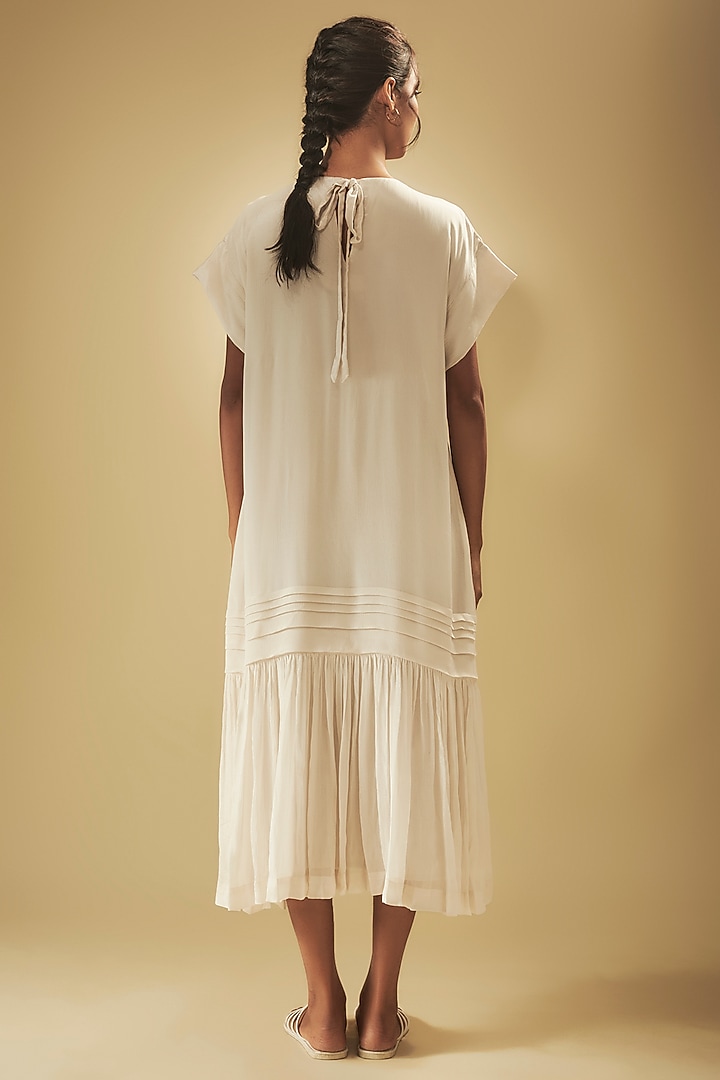 Ivory Crepe Chiffon Hand Embroidered Midi Vacation Dress by Half Full Curve at Pernia's Pop Up Shop