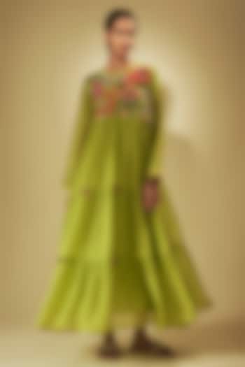 Green Fine Chanderi Hand Embroidered Tiered Vacation Dress by Half Full Curve at Pernia's Pop Up Shop