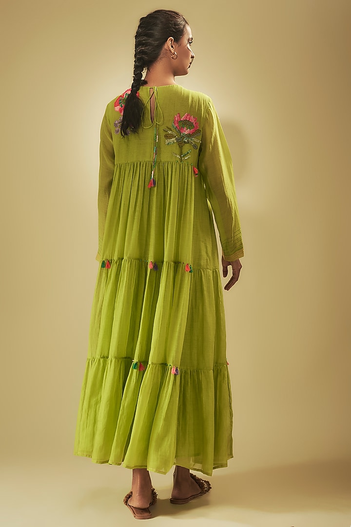 Green Fine Chanderi Hand Embroidered Tiered Vacation Dress by Half Full Curve at Pernia's Pop Up Shop