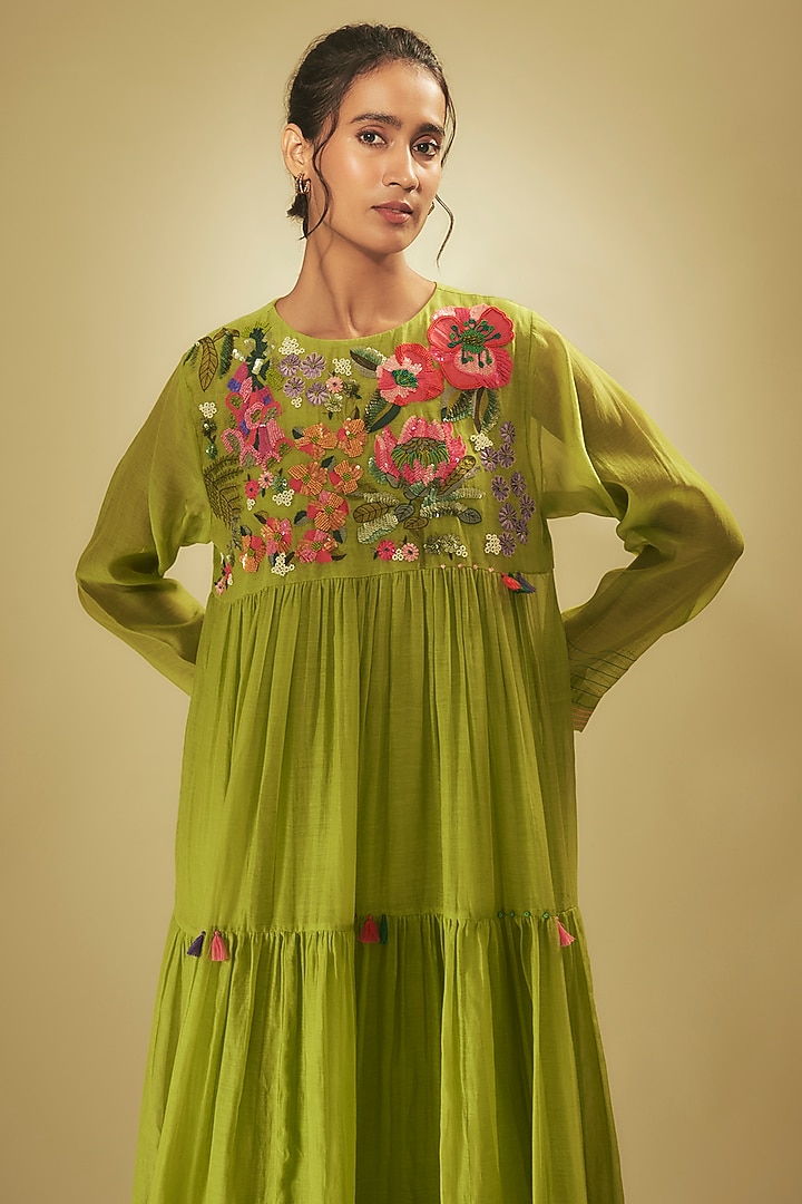 Green Fine Chanderi Hand Embroidered Tiered Vacation Dress by Half Full Curve at Pernia's Pop Up Shop