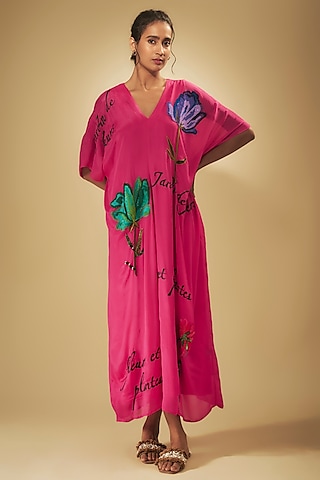 Pink Crepe Chiffon Hand Embroidered Kaftan by Half Full Curve