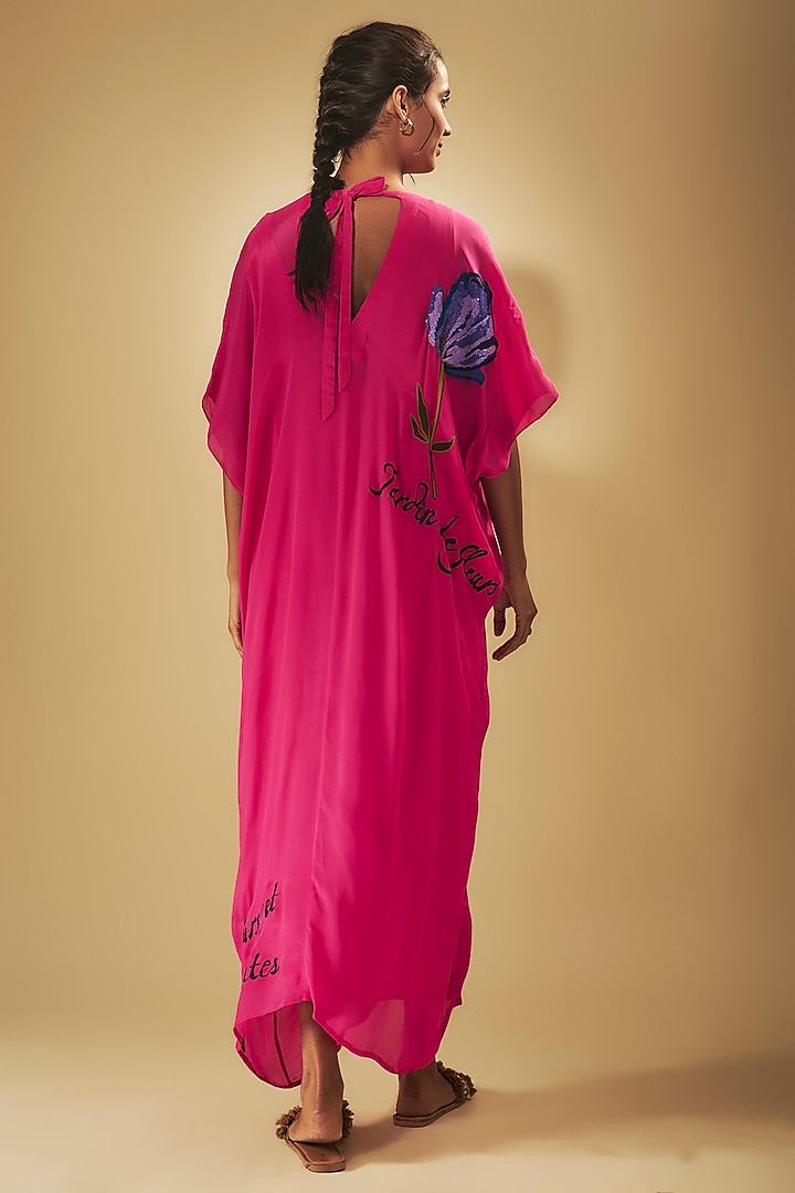 Pink Crepe Chiffon Hand Embroidered Kaftan by Half Full Curve at Pernia's Pop Up Shop