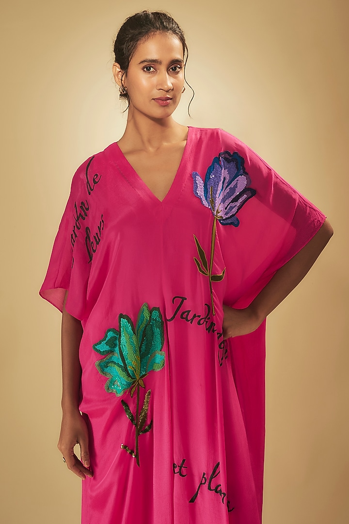 Pink Crepe Chiffon Hand Embroidered Kaftan by Half Full Curve at Pernia's Pop Up Shop
