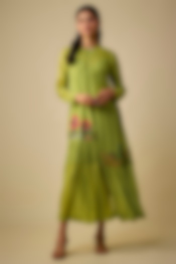 Green Fine Chanderi Floral Embroidered Flapper Vacation Dress With Inner by Half Full Curve at Pernia's Pop Up Shop