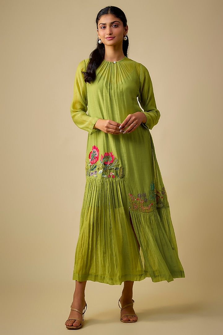 Green Fine Chanderi Floral Embroidered Flapper Vacation Dress With Inner by Half Full Curve at Pernia's Pop Up Shop