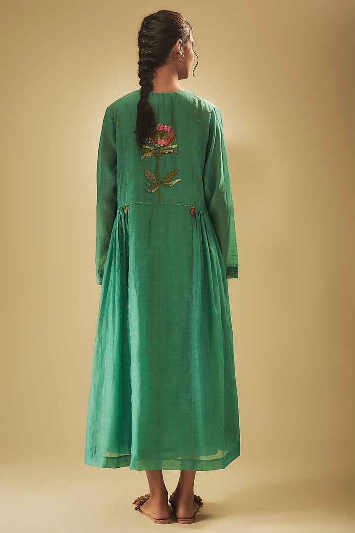 Blue Fine Chanderi Hand Embroidered Jacket Cocktail Dress by Half Full Curve at Pernia's Pop Up Shop